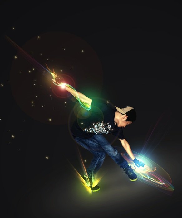 The guy is dancing in the dark break dance