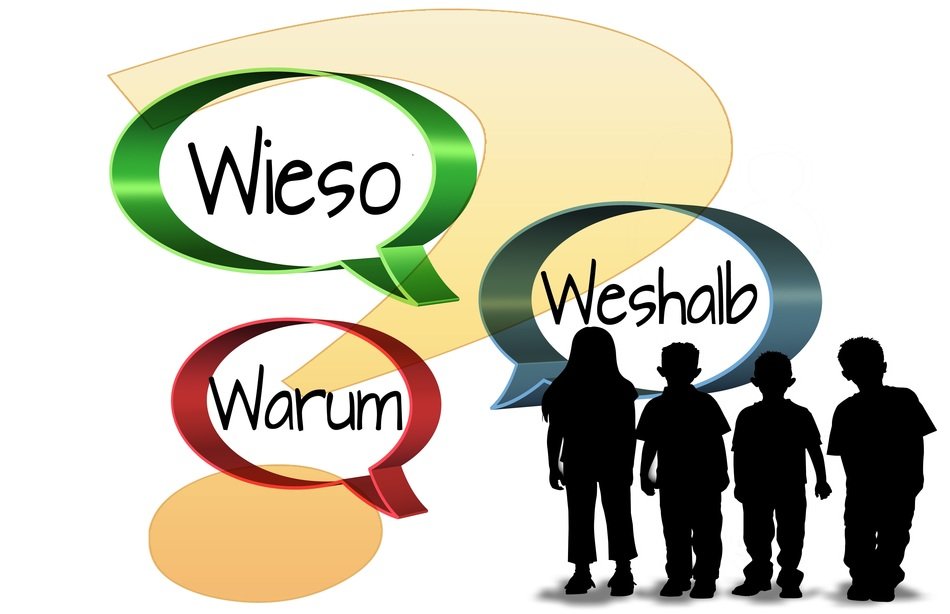 silhouettes of children and questions in german, drawing