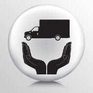 Round Icon With Two Hands Cupping a Freight Truck Silhouette