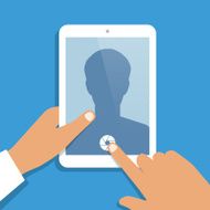 Human hand holds tablet pc with opened camera app