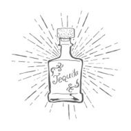 Vintage Tequila Bottle with Sunburst Vector