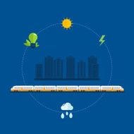 Flat illustration icons set of urban landscape train on railway