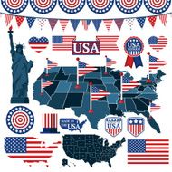 Set of USA symbols flags and maps with states Vector N2