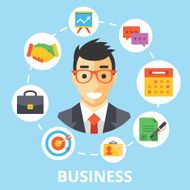 Business concept illustration Handsome businessman character with flat icons set N2