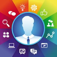 Vector businessman avatar in circle frame and social media icons