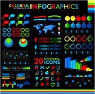 Colorful infographic set on black background and 20 universal icons N2