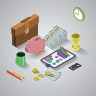 Flat 3d isometric mobile application business analytics finance