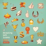 Awards and achievement drawing set vector icons