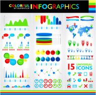 Colorful infographic set and 15 universal icons