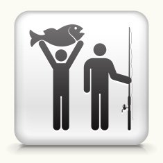 Square Button with Two People and a Fish