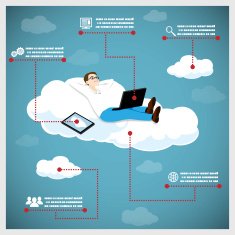 Happy Business Man on a Cloud Infographic Icons Tablet Computer
