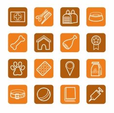 Signs pet products supplies white contour brown orange background