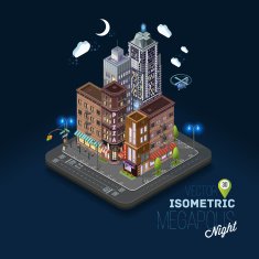City concept with isometric buildings shops offices