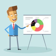 Handsome manager gives presentation and shows a diagram