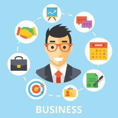 Business concept illustration Handsome businessman character with flat icons set N2
