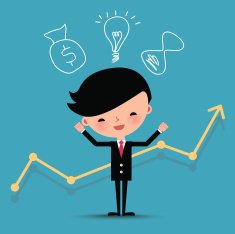 Happy business man characters with graph line