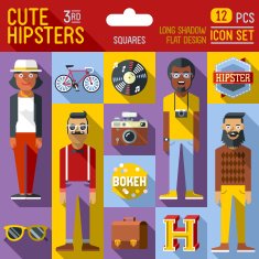 Cute hipster looks vector illustrations squares 3rd icon set N2