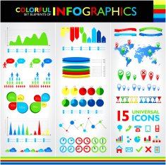 Colorful infographic set and 15 universal icons