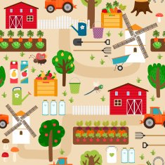 Farm seamless pattern with tractor and beds apple trees mill