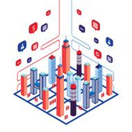 City social network Downtown district filled with speech bubbles