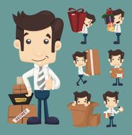 Set of businessman packing in boxes characters poses
