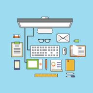 Workplace with mobile devices and documents Flat style design