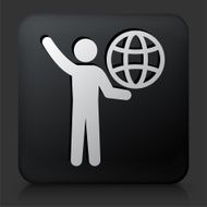 Black Square Button with Stick Figure Carrying Globe N4
