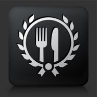 Black Square Button with Restaurant Fork &amp; Knife