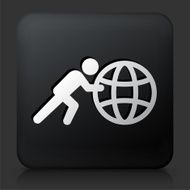 Black Square Button with Stick Figure Pushing Globe N3