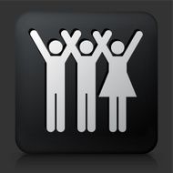 Black Square Button with Three People Rasing Hands