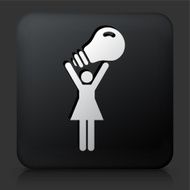 Black Square Button with Woman Holding a Light Bulb