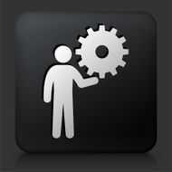 Black Square Button with Stick Figure Holding Gear N5