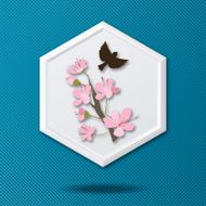 White 3D Hexagon Icon On Blue With Bird and Flowers
