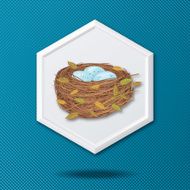 White 3D Hexagon Icon On Blue With Bird Nest