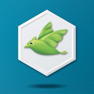 White 3D Hexagon Icon On Blue With Green Bird