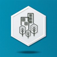 White 3D Hexagon Icon On Blue With Trees and Apartments