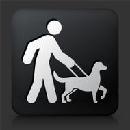 Black Square Button with Stick Figure Walking Dog