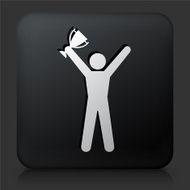 Black Square Button with Stick Figure Holding a Trophy