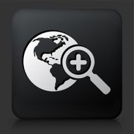 Black Square Button with Globe &amp; Magnifying Glass