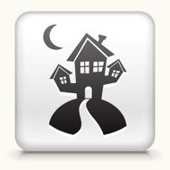 White Square Button with Spooky Halloween House