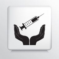 Square Icon With Two Hands Cupping a Medical Needle Syringe