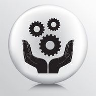 Round Icon With Two Hands Cupping Three Cog Gears Silhouette