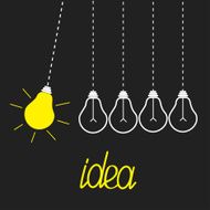 Five hanging yellow light bulbs Perpetual motion Idea concept Flat