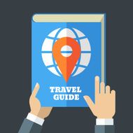 Mens hand holding travel guide Creative flat illustration N2