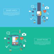 Wearable smart technology infographics template with smartwatch and smartphone Applications