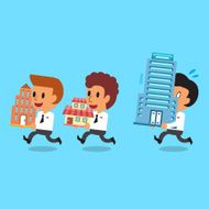 Cartoon business team carrying buildings