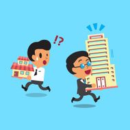 Cartoon business boss carrying big buildings