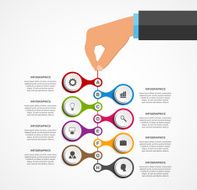 Infographics design template with human hands holding the round blocks N5