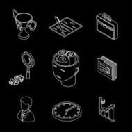 Line isometric business icons Head gears cup and chart