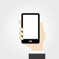 Hand holding mobile phone in flat design style